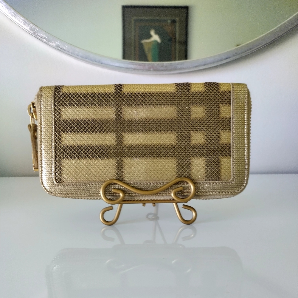 Burberry Gold Metallic Mesh Overlay Wallet